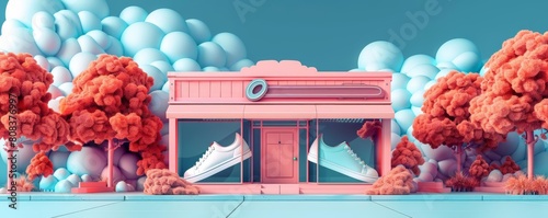A playful cartoon store icon with a shoeshaped building and a sneaker as the store sign photo