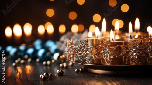 Elegant Hanukkah Celebration With Lit Menorah And Decorations photo
