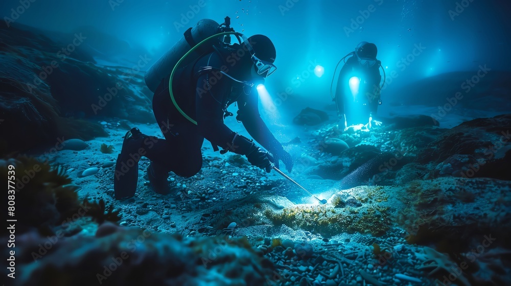 Underwater archaeological dig for Viking relics, lit by bioluminescent sea creatures, historical discovery meets natural wonder Underwater archaeological dig for Viking relics, lit by bioluminescent sea creatures, historical discovery meets natural wonder