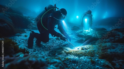 Underwater archaeological dig for Viking relics, lit by bioluminescent sea creatures, historical discovery meets natural wonder