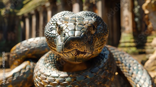 Venomous snake coiled around an ancient sculpture, guarding a temple's forgotten secrets