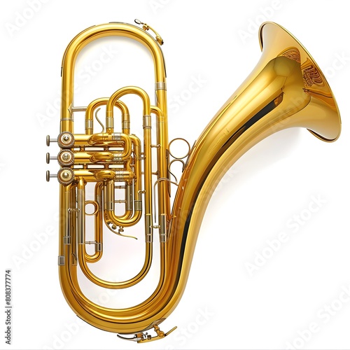 Polished golden baritone horn with intricate valves and tubing on white background