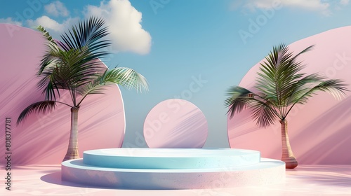 3D render  minimal Summer background with empty podium or pedestal platform for showing product  cosmetic scene for mock up  beach swim elements decoration. 