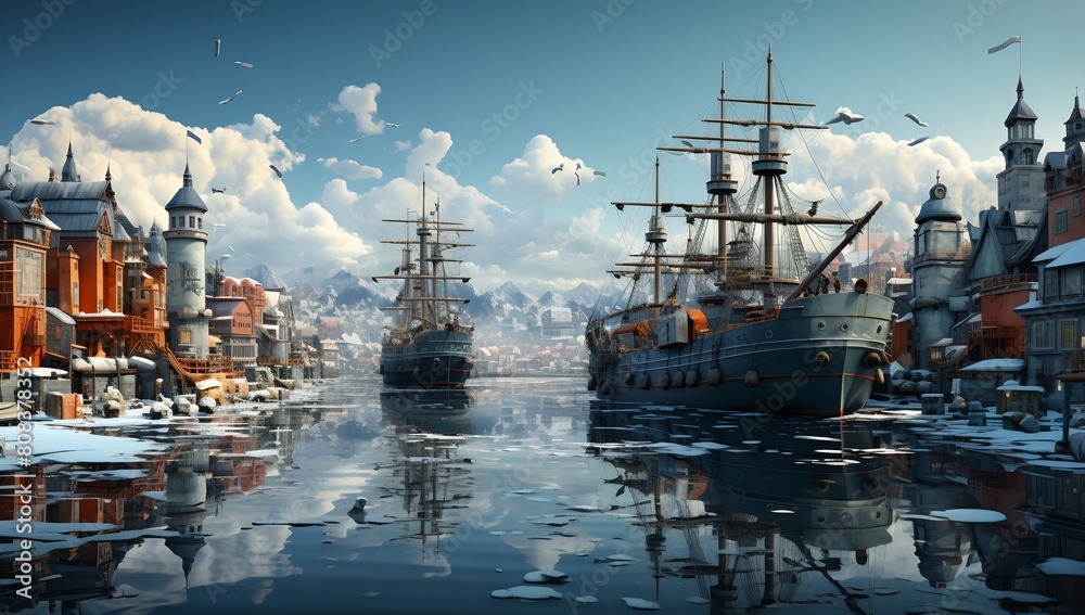 Fototapeta premium a painting of a city with ships in the water