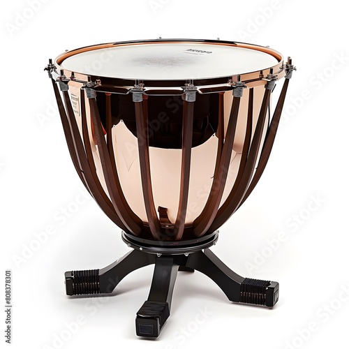 Professional timpani with polished rose gold outer shell, detailed tension rods and robust black pedestal stand photo