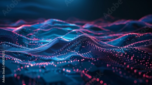3D render of a cybernetic geometric landscape, illuminated by neon light, depicting a futuristic mesh surface photo