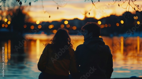 a couple sitting on a bench looking at the sunset over a lake with lights in the background and a tree in the foreground.. photo