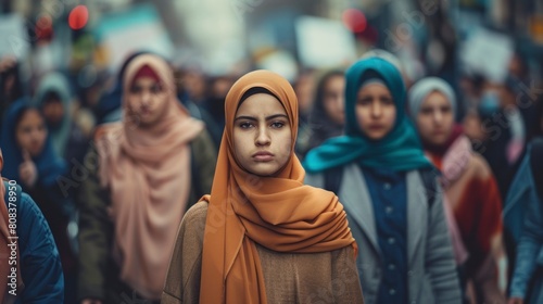 woman with hijab at a protest looking at the camera during the day in high resolution