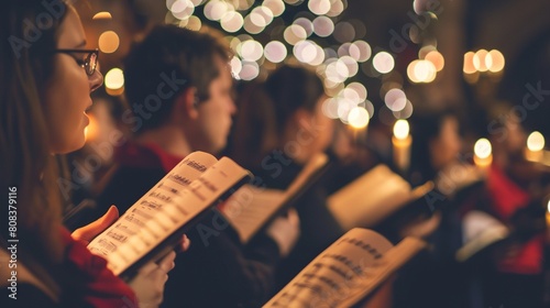 a group of people singing with lights in the background photo