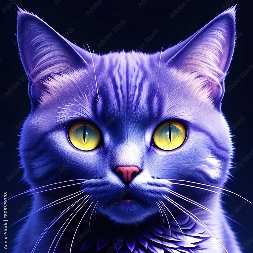 a cat with yellow eyes and a black background