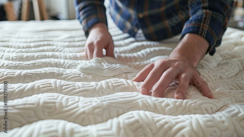 Cropped view of a young man testing the firmness of a white orthopedic mattress, highlighting its hypoallergenic properties photo
