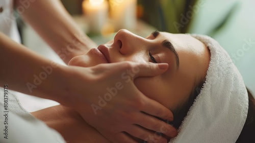a woman getting a facial massage at a spa with candles in the background