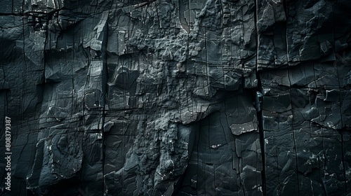 Dramatic background of a dark, aged cliff face, deeply cracked and textured, ideal for themes related to geology and mountaineering photo