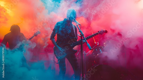 Rock band concert in cloud colorful dust. Music event, Rock band performs on stage colorful dust background. Guitarist, bass guitar and drums on stage. 