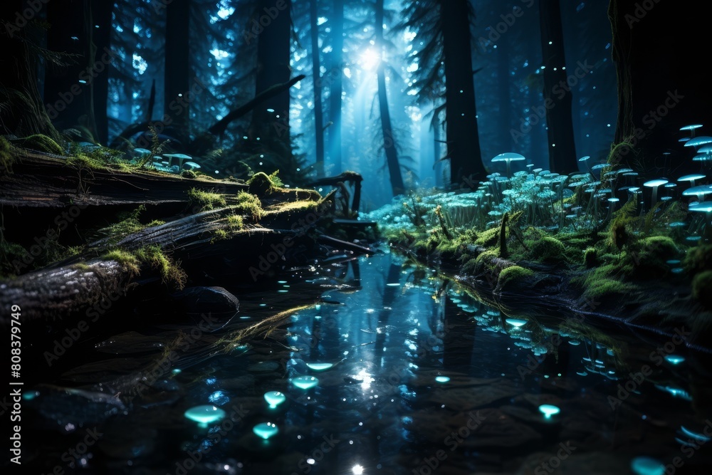 Enchanted forest landscape with glowing mushrooms and reflective stream Enchanted forest landscape with glowing mushrooms and reflective stream