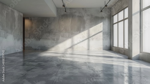 Interior design of an empty gray room with a concrete backdrop and floor, suitable for product display and text presentation