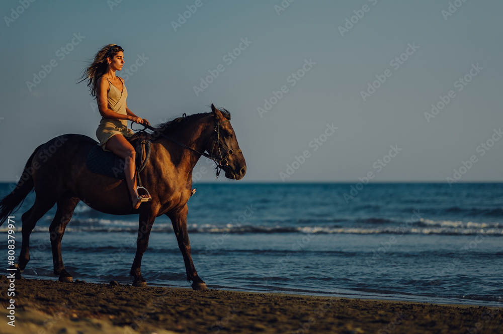 Stylish woman rider riding her horse at the seacoast during an evening sunset Stylish woman rider riding her horse at the seacoast during an evening sunset