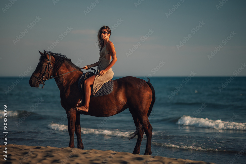 Side view of an attractive woman riding a horse on a beach during a dusk Side view of an attractive woman riding a horse on a beach during a dusk