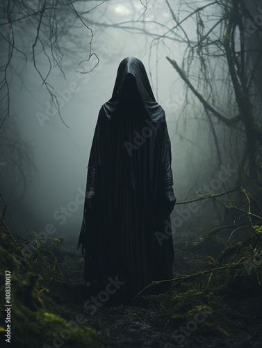 Mysterious figure in dark cloak in spooky forest