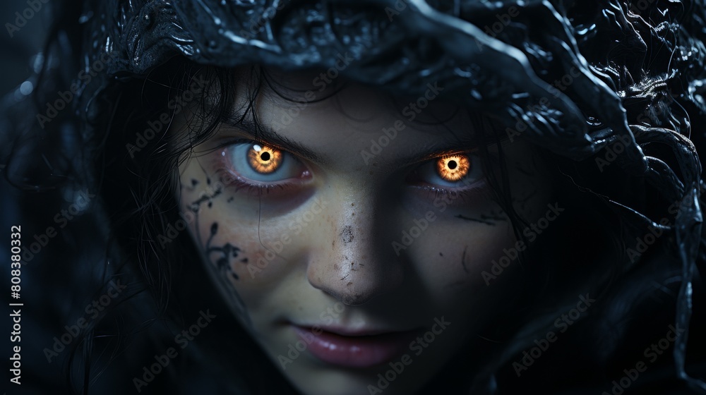 Mysterious dark-haired person with glowing eyes