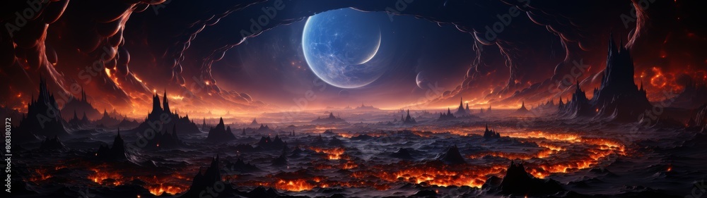 Alien Landscape with Fiery Terrain and Moons