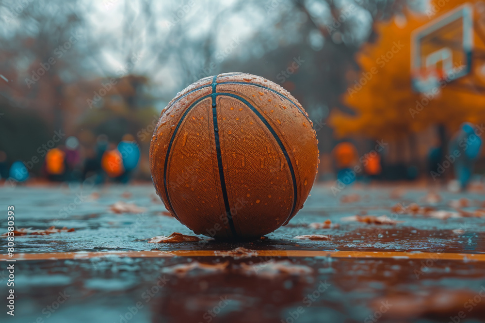 Detailed view of a basketball with background of players and court blurred. AI generated.