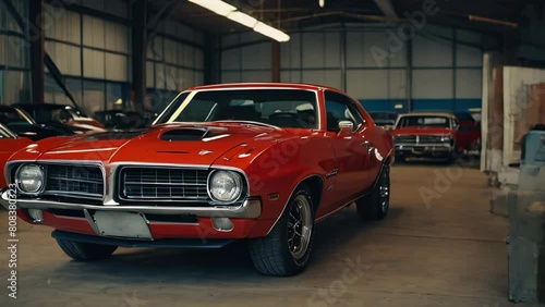 Muscle red car in a car shop center. Vintage classic sport car garage workshop background
