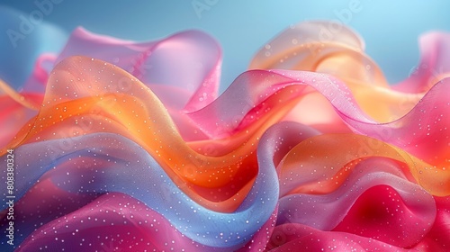 Colorful wavy fabric texture with sparkling droplets.