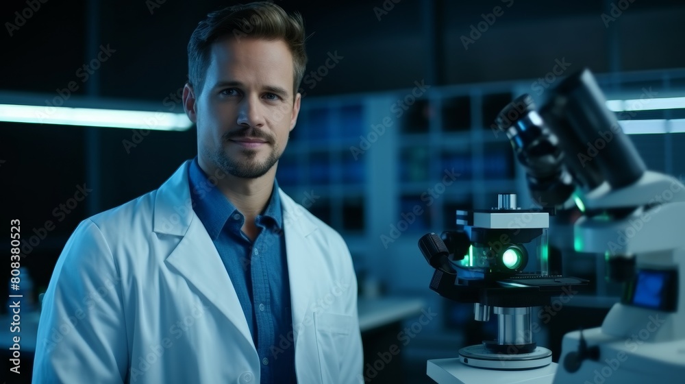Scientist Examining Microscope in Laboratory Scientist Examining Microscope in Laboratory