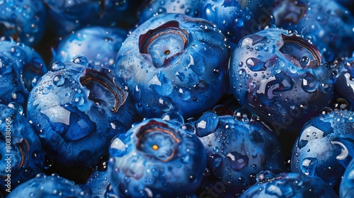 Oil-painted close-up of a handful of blueberries, each fruit glistening with vibrant shades of blue and purple, surrounded by green leaves