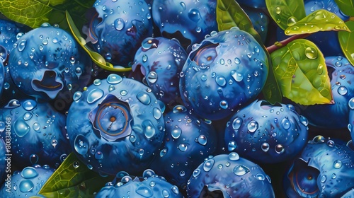 Oil-painted close-up of a handful of blueberries, each fruit glistening with vibrant shades of blue and purple, surrounded by green leaves