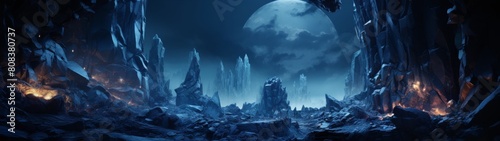 Mysterious icy landscape with towering crystal formations under a full moon photo