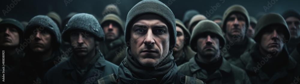 Grim-faced soldiers in dark uniforms Grim-faced soldiers in dark uniforms