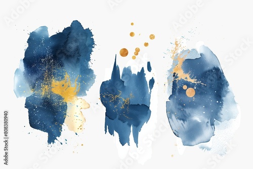 A set of abstract shapes card, splash of gold. Wedding watercolor painting concepts. Navy blue posters, invitations. Vector background decoration or invitation card design