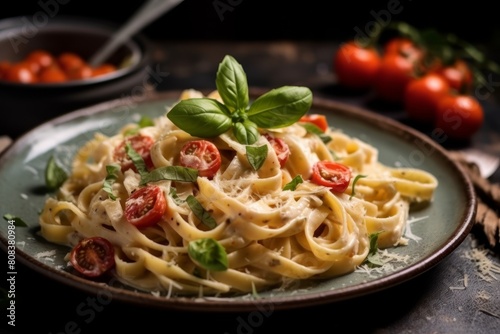 Delicious homemade pasta dish with tomatoes and basil