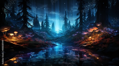 Enchanted forest landscape with glowing mushrooms and aurora borealis