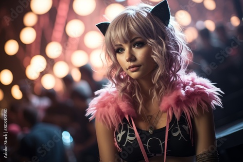 Glamorous woman with pink hair and cat ears