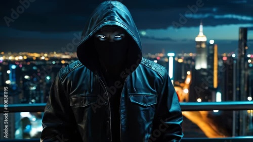 Hacker computer cybercriminal criminal with a jacket and a hood on the background of a big city at night. Concept computer data security photo