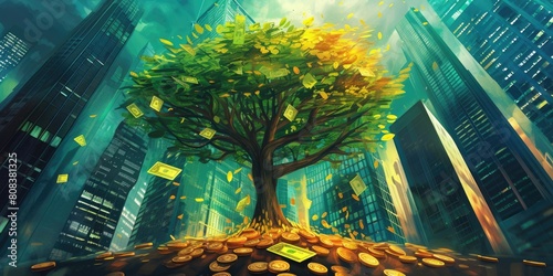Artistic image of towering tree with coin or money surrounded with skyscraper. Abstract picture of financial growth or saving money. Investment for futuristic environmental development concept. AIG42. photo
