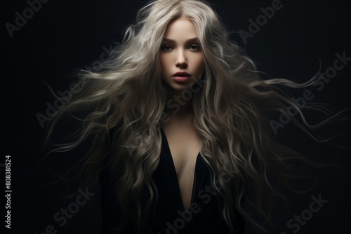 Dramatic portrait of a woman with flowing blonde hair