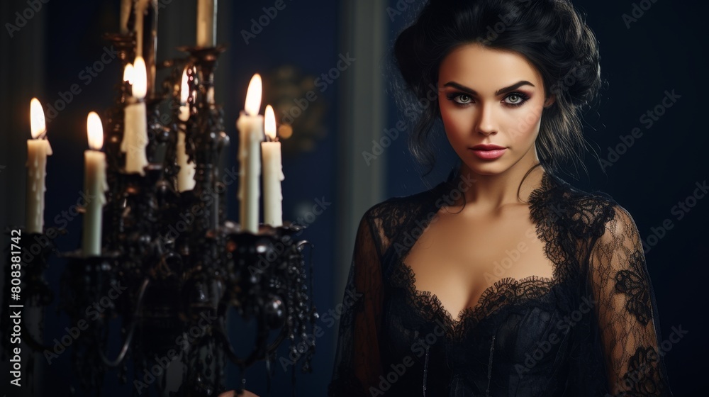 mysterious woman in lace dress posing by candlelight mysterious woman in lace dress posing by candlelight