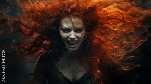 Fiery-haired woman with intense expression photo