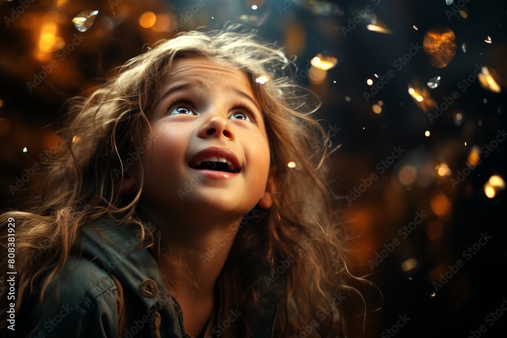 Enchanted girl looking up at sparkling lights Enchanted girl looking up at sparkling lights