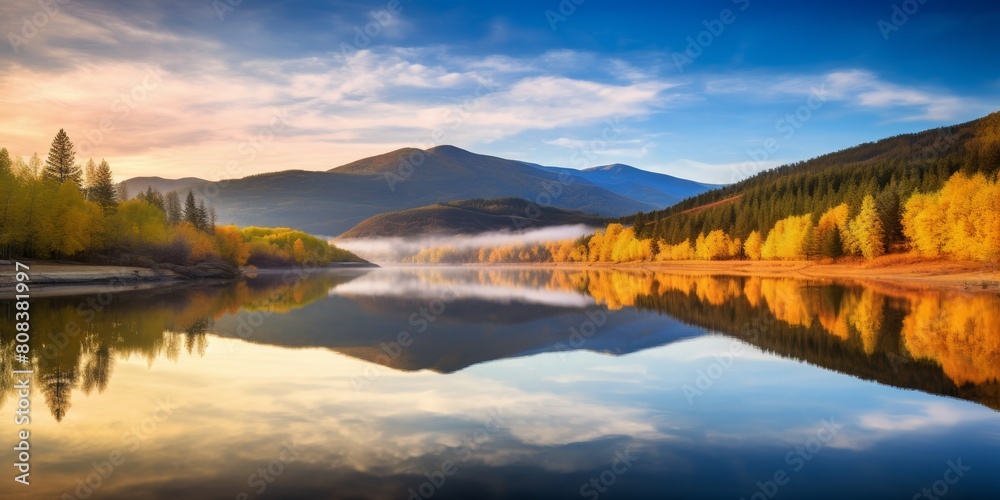 Serene mountain lake with autumn foliage reflection