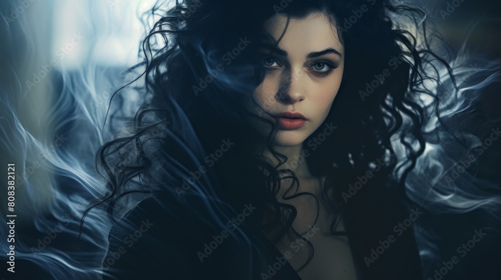 Mysterious woman with dark hair and intense gaze Mysterious woman with dark hair and intense gaze