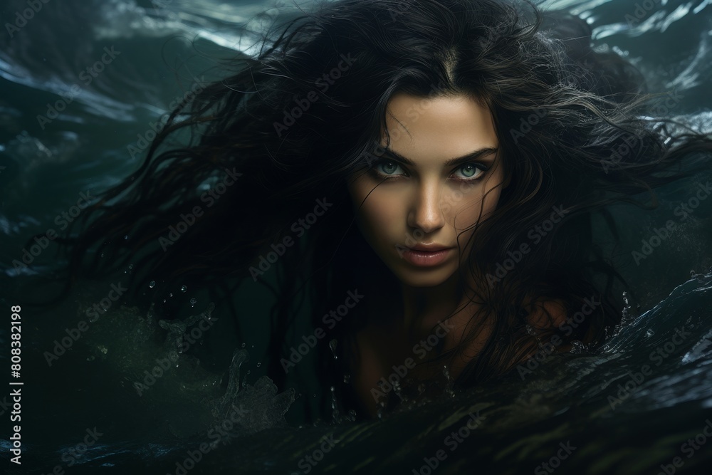 Mysterious woman with dark hair in the water Mysterious woman with dark hair in the water