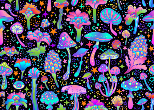 Magic mushrooms and stars seamless pattern. Psychedelic hallucination. 60s hippie colorful art. Vintage psychedelic textile, fabric, wrapping, wallpaper. Vector repeating illustration.