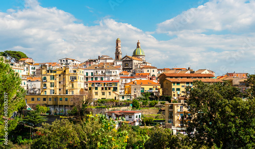 Panoramic view of the city of Vietri sul Mare. Residential buildings and a church. The Amalfi coast of Italy photo