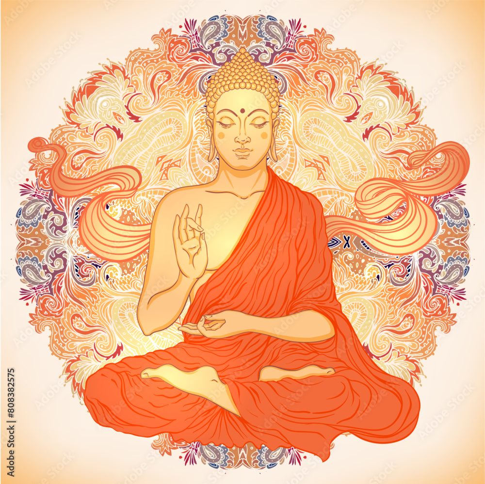 Sitting Buddha over ornate mandala round pattern. Esoteric vintage vector illustration. Indian, Buddhism, spiritual art. Hippie tattoo, spirituality, Thai god, yoga zen Coloring book pages for adults. Sitting Buddha over ornate mandala round pattern. Esoteric vintage vector illustration. Indian, Buddhism, spiritual art. Hippie tattoo, spirituality, Thai god, yoga zen Coloring book pages for adults.