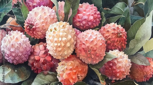 Vivid watercolor of lychees piled up, their bumpy pink skin and shiny white flesh contrasting strikingly with the dark leaves around them photo